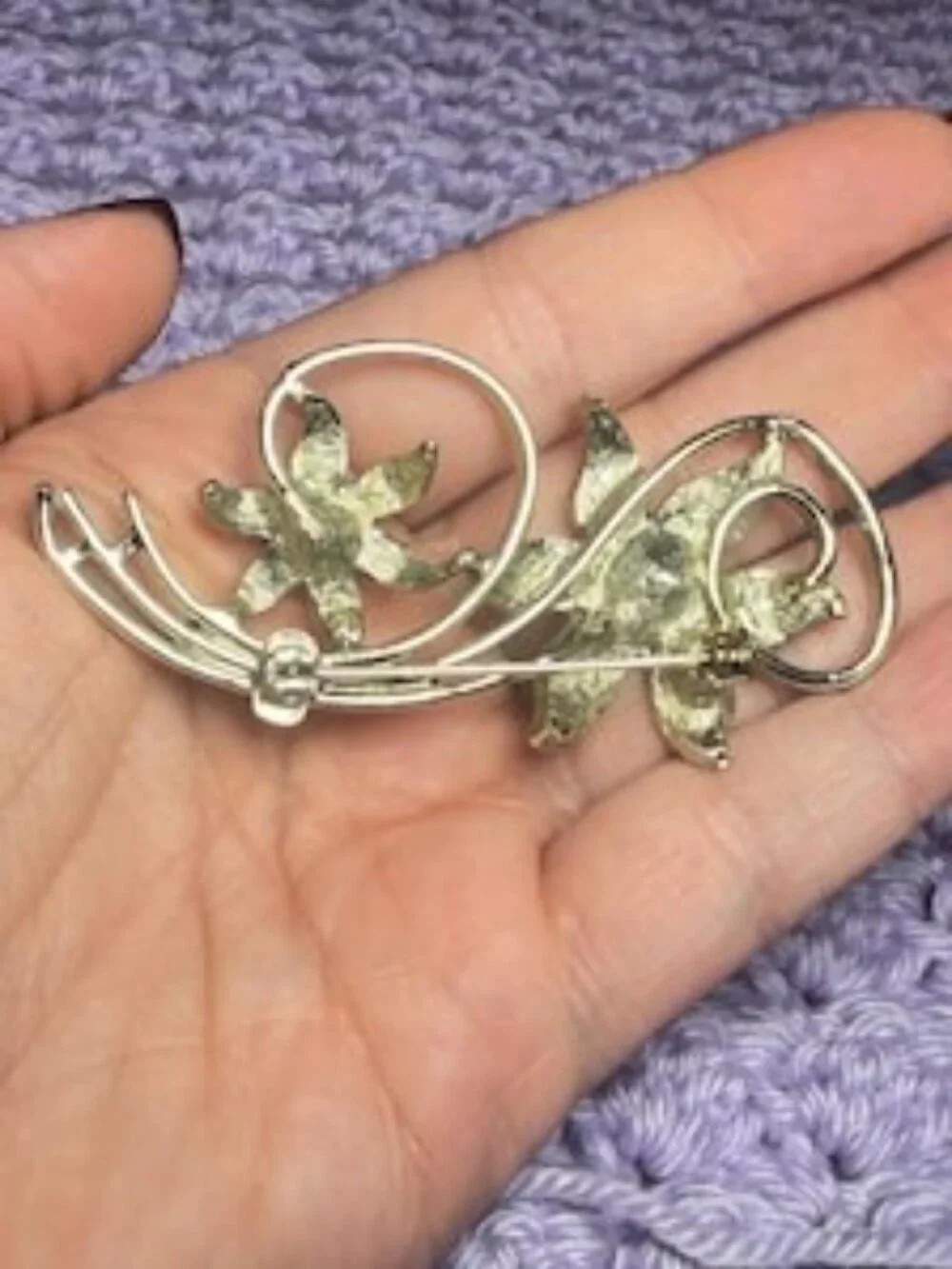 Vintage Blue Rhinestone Floral Brooch Silver Tone Flower Spray Pin 3 inches